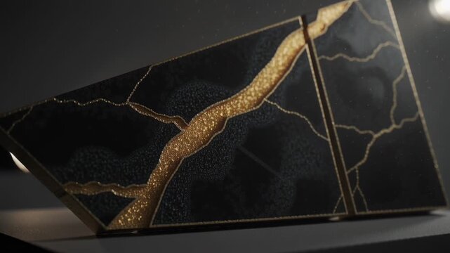 Lights brightening, black two-panel slab showing sparkly gold vein on base in studio