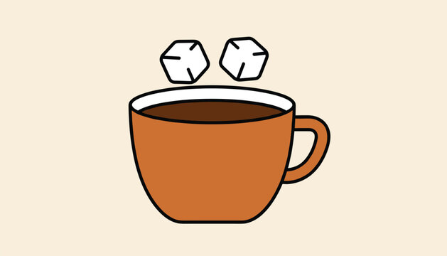 Close up illustration of a brown ceramic coffee cup with two white sugar cubes falling into the dark steaming liquid from above the rim.