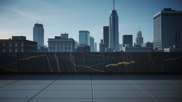 Glinting marble parapet with gold veins causing sparkles drifting upward over tile terrace, skyline