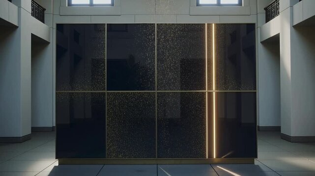 Sweeping LED strip revealing speckled 3x3 panel grid in tall atrium, accenting floor reflections