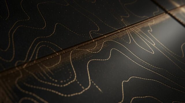 Shifting light revealing engraved contours on dark metal panel in studio closeup, highlighting seam