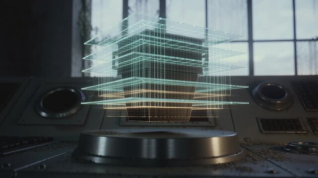 Activating emitter projecting hologram model assembling and rotating above console for rendering
