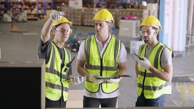 Teamwork of men warehouse workers in yellow helmets holding a tablet, working, talking, discussing, planning, and counting cargo cardboard boxes while loading into a container in a distribution factor