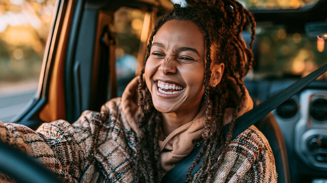 Happy young woman driving a car during road trip with smiling woman