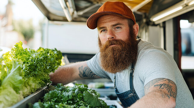 A proud bearded vendor in a cap stands inside a food truck display stall next to fresh green lettuce salad leaves ready for customer service in a bright outdoor market setting during daytime hours now