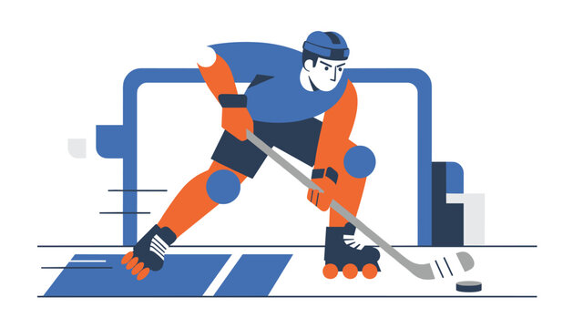 Dynamic illustration of an inline hockey player on rollerblades with a stick and puck in an action pose on an urban court.