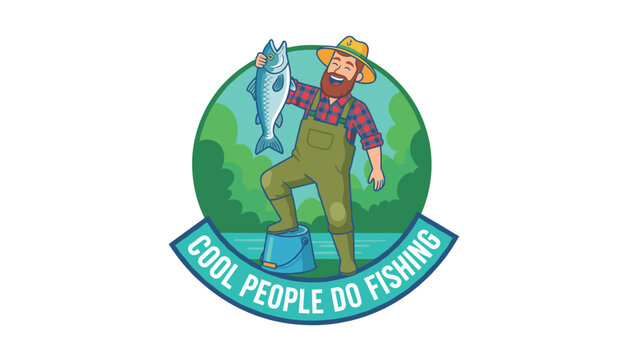 Cartoon logo of a happy bearded fisherman in overalls holding a large fish standing by a river with the text Cool People Do Fishing.