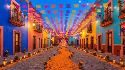 Fototapeta premium day of the dead decorated street with marigold petals, papel picado flags, candles and altar in mexico celebration