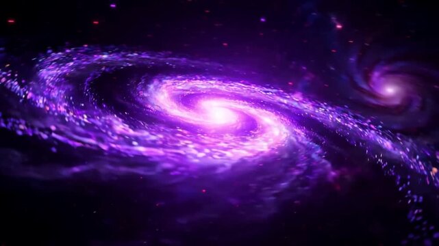 Purple spiral galaxy spinning in outer space surrounded by bright stars and interstellar dust clouds.