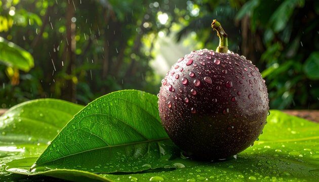 Passion fruit background. Ripe passion fruit with water drops. tasty
