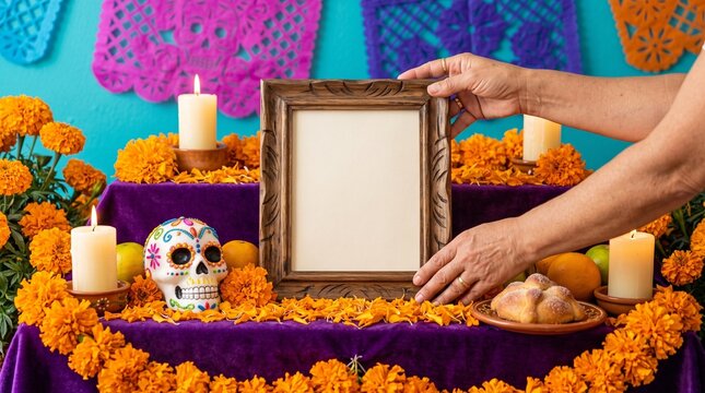 day of the dead altar decoration with marigold flowers sugar skull candles and framed photo placeholder