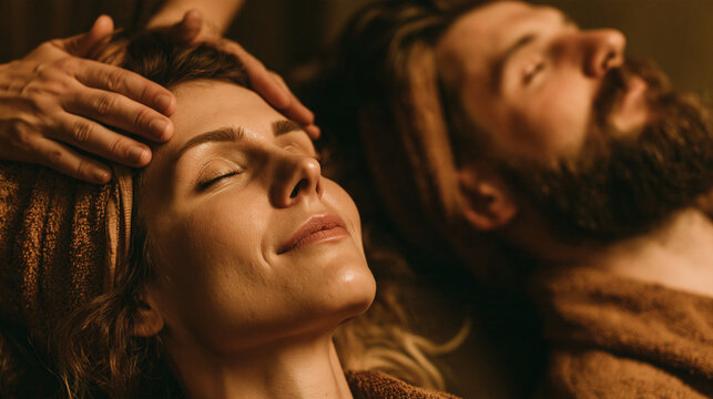 Relaxing couple receiving head massage at wellness spa with massage therapy