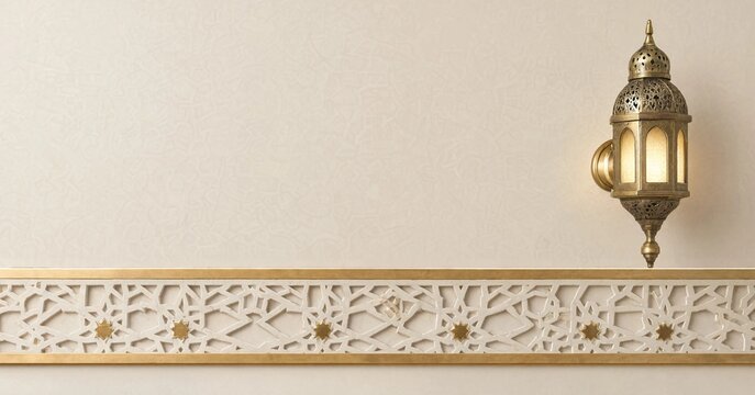 Elegant Islamic wall decor featuring a traditional brass lantern and intricate geometric carved patterns on a white minimalist background