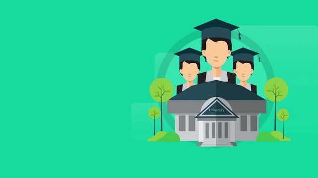 Animated University Building with Students Wearing Graduation Caps Vector Illustration for Higher Education Campus Academic Graduation Concept Flat Design Isolated on Green Background   