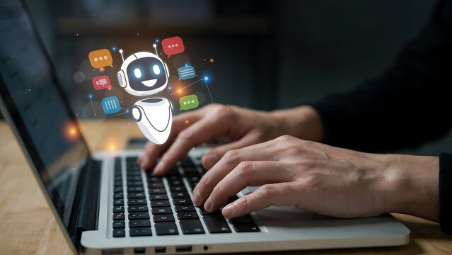 Chatbot interface animating above laptop keyboard with person's hands typing during a digital conversation