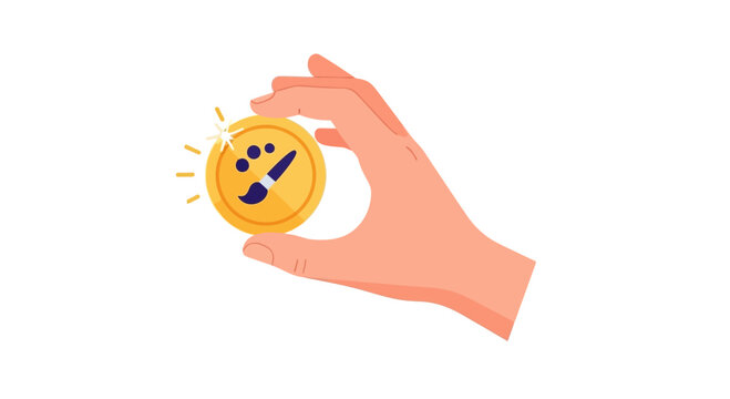 Hand Holding Gold Coin with Paintbrush Icon - Monetizing Digital Art and Creative Economy Concept