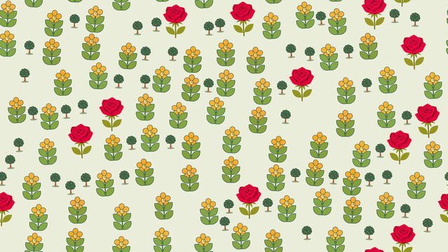 Stylized floral pattern with red roses and yellow flowers