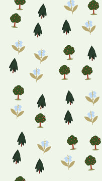 Stylized Trees and Bluebell Flowers Pattern