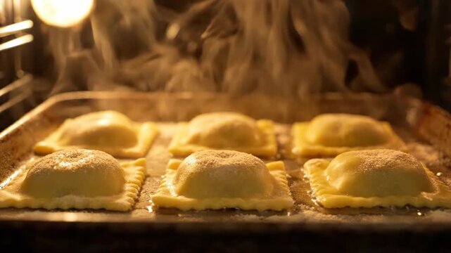 Golden ravioli baking on a tray in a warm oven, steam rising, ready to eat.