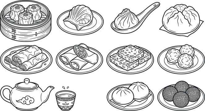 Hand Drawn Asian Dim Sum Food Line Art Collection with Dumplings, Steamed Buns, Spring Rolls, Tea, Pastries, and Traditional Snacks