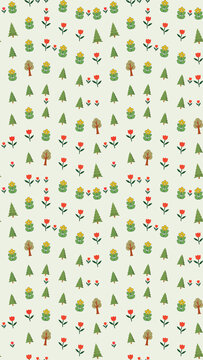 Stylized trees and flowers pattern