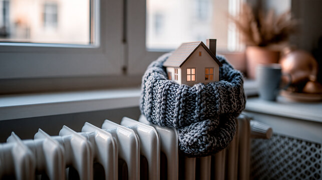 Small model house wrapped in a knitted scarf placed on radiator with house heating