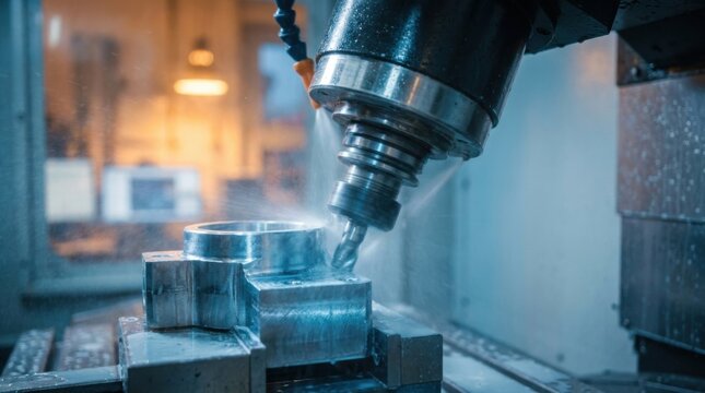 Five axis cnc machine head milling steel part with coolant mist in automated factory workshop