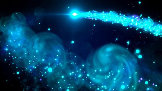 Blue light trail with glowing particles sweeping across a dark cosmic background in a continuous loop.