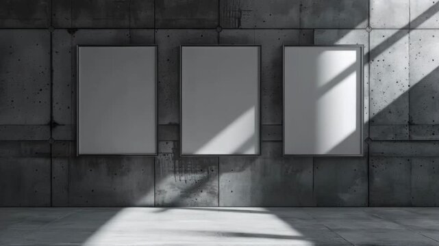 Three Blank Mockup Frames on Industrial Concrete Wall with Shadows