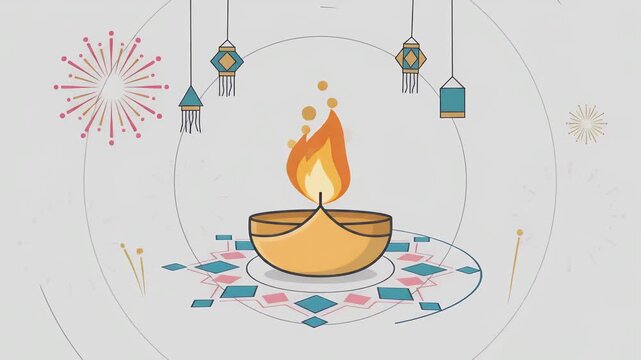Diwali Festival Celebration Illustration with Burning Diya Oil Lamp, Colorful Rangoli, Traditional Lanterns, and Fireworks on a Light Background