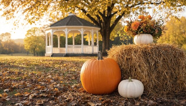 Autumn scene with pumpkins and hay bale in front of a white gazebo in a park