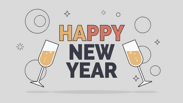 Happy New Year Celebration Vector Illustration with Clinking Champagne Flutes, Bubbles and Festive Stars on Grey Background