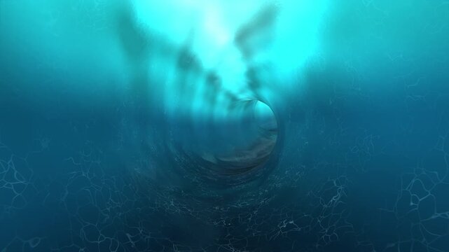 Camera moves forward through a swirling blue underwater tunnel vortex with bright light and caustics reflecting on the aqueous surface, creating an abstract liquid portal effect