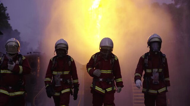 Firefighters walking together through thick smoke and bright fire