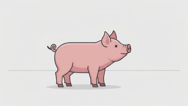 Vector Style Illustration of a Cute Pink Pig Walking Side View, Minimalist Flat Design Character for Children and Agriculture Themes