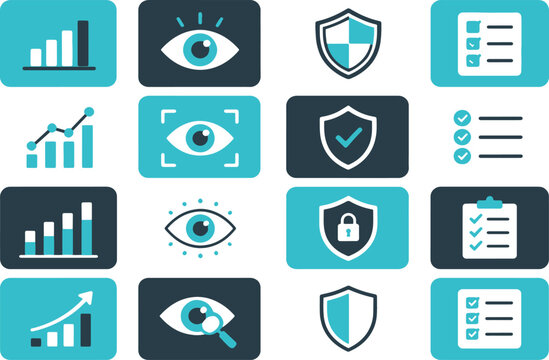 Flat business icons set with charts shields and checklists