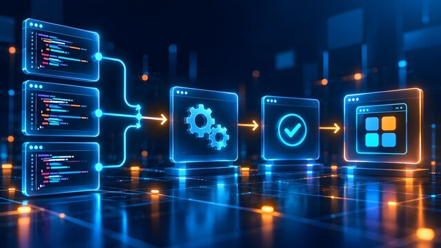 Software development lifecycle and automated deployment pipeline showing code windows, processing gears, testing verification, and final application