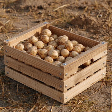Fresh harvested potatoes in wooden crate box sitting on ground soil with potato box