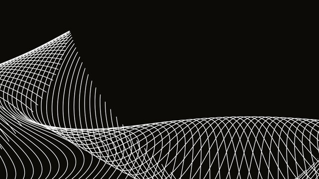 Abstract white wireframe mesh wave background, 3D curved grid lines on black, modern futuristic technology design