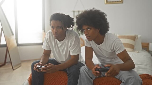 Two men on a bed hold game controllers, one pumping a fist while the other swings a motion joystick in a building bedroom; fun friendship joy.