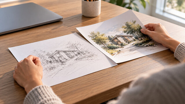 Comparison of architectural sketches on a wooden table with hands  