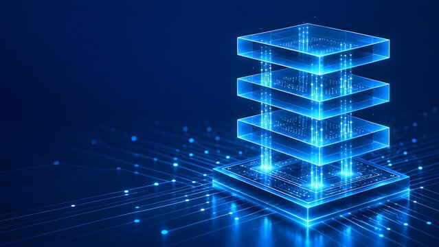 Glowing blue three-dimensional stacked data layers over a circuit board representing cloud computing architecture and server storage infrastructure