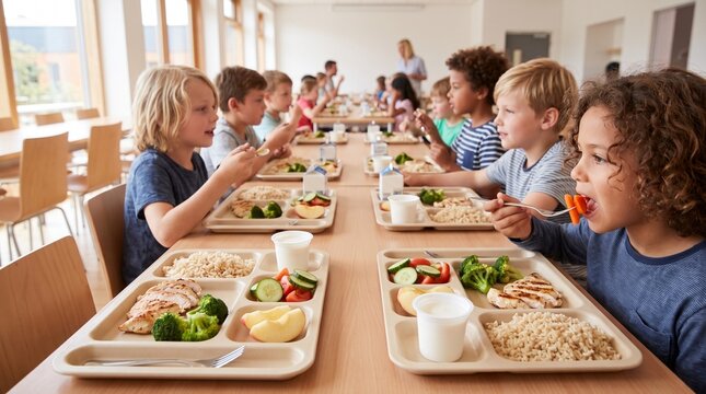 Group of happy school students eating together in cafeteria. Kids enjoying a healthy school lunch tray with nutritious food, chicken and vegetables