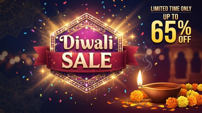 Diwali Sale Festive Banner with Up to 65 Percent Off and Hexagonal Light Badge