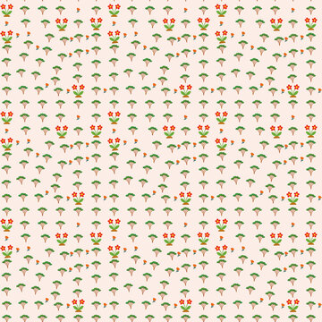 Stylized trees and red flowers seamless pattern