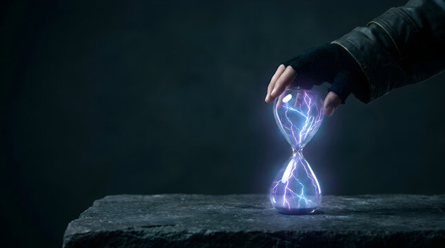 Hand placing a glowing hourglass with electricity on a stone surface