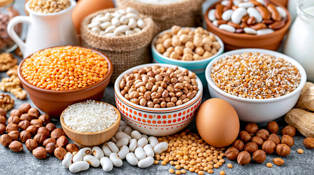Various dry grains and legumes in ceramic bowls with legumes selection