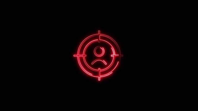 Glowing red neon line art animation of a target scope centered on a user silhouette icon, designed for customer targeting and audience focus video projects.