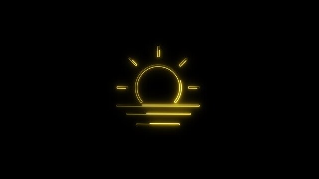 Bright yellow neon glowing line art animation representing a rising or setting sun over water waves, perfect for summer, weather, and sunrise video themes.