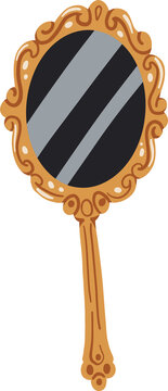 Cute hand-drawn ornate vintage gold hand mirror illustration with reflective stripes